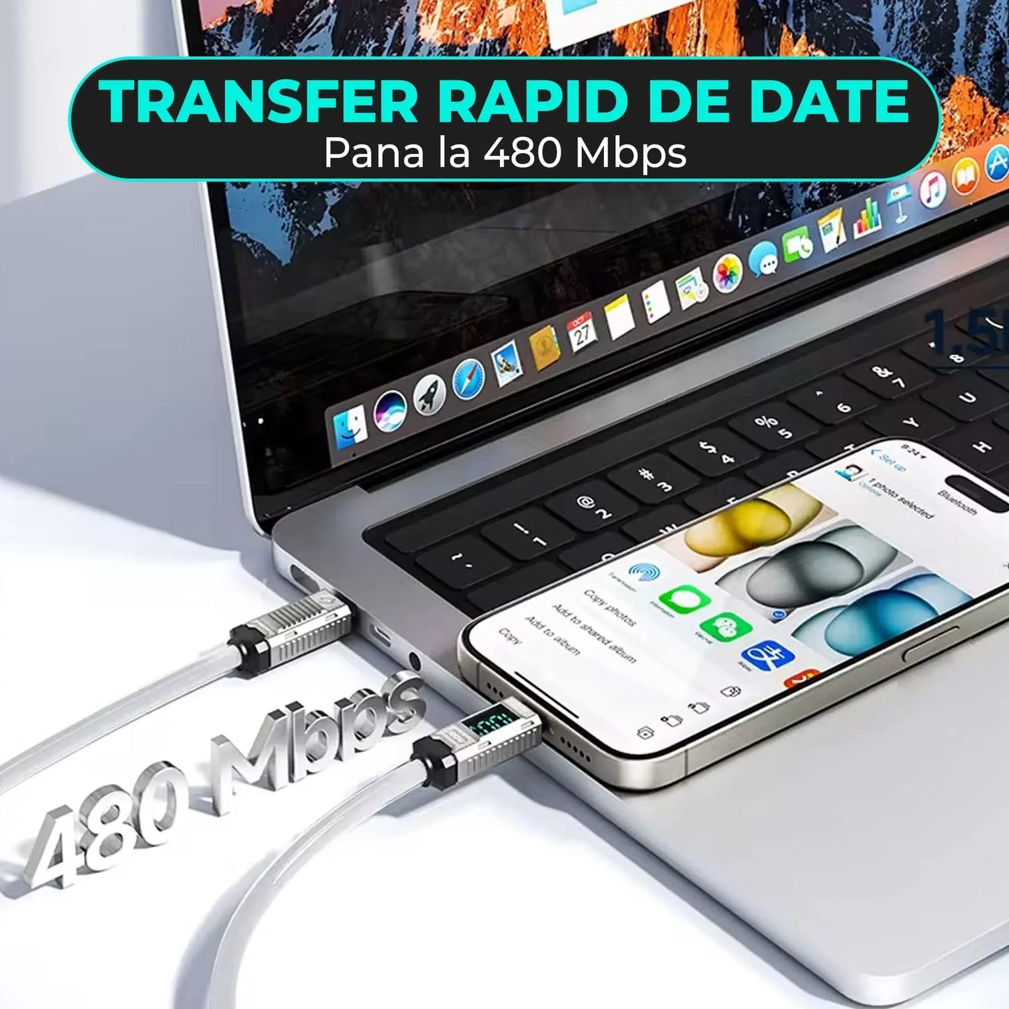 Cablu de Incarcare si Transfer de Date Timebox, USB-C la Type-C, 100W, 2m, Alb