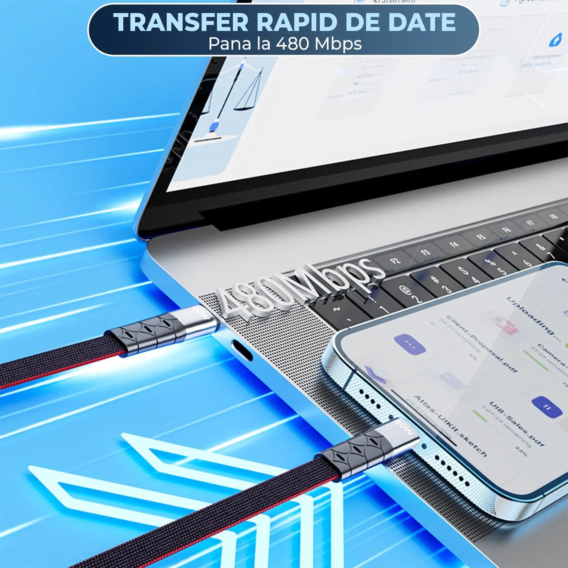 Cablu de Incarcare si Transfer de Date, Timebox, Fast Charge 65W, 2m, USB-C la Type-C, Slim, Negru - 221.ro