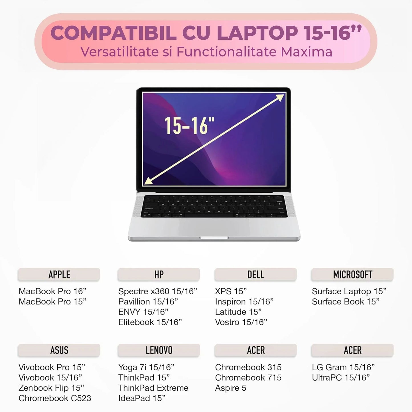 Geanta Laptop portabila Timebox, 14'', 15'', 16" inch, Ultrabook, Roz
