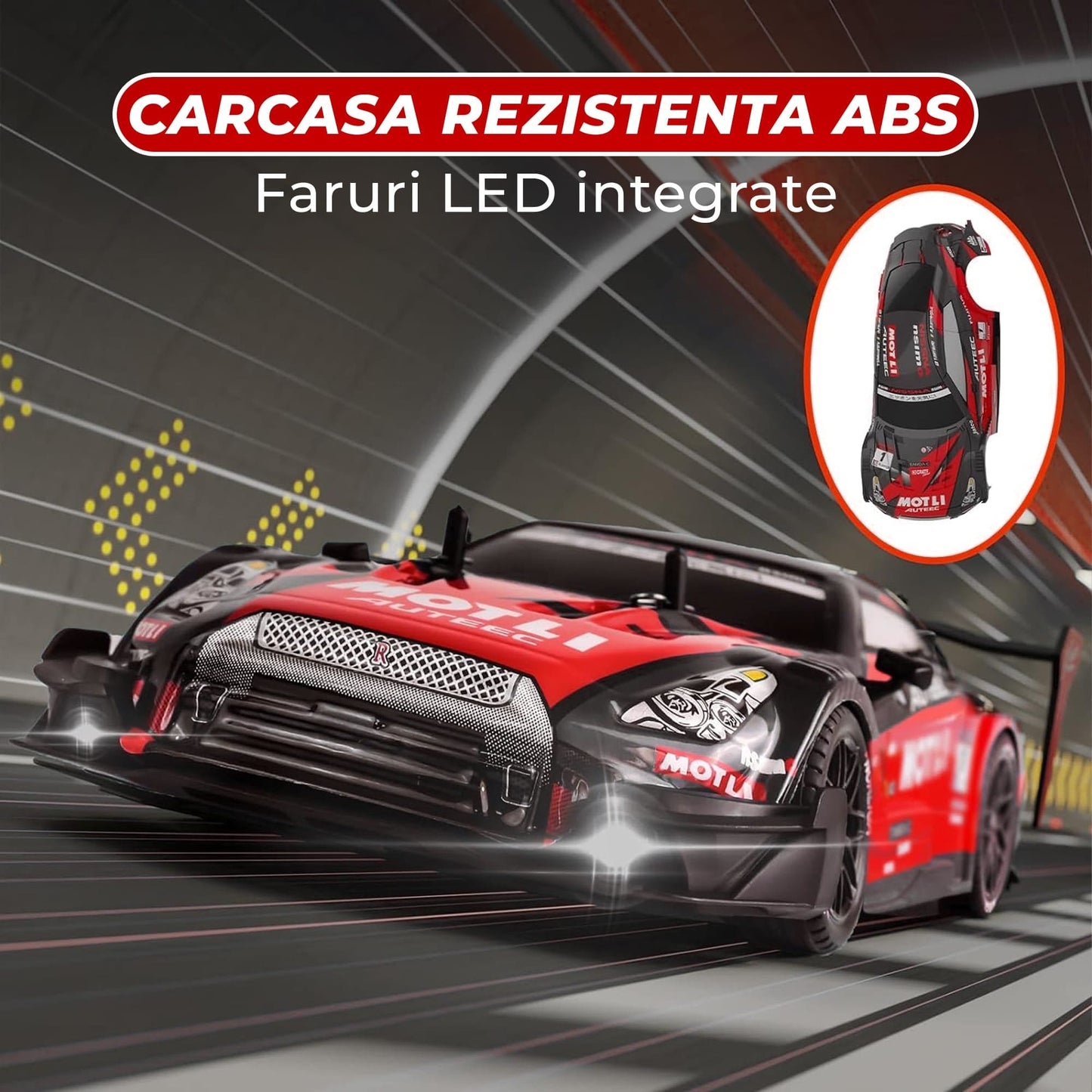 Masina cu telecomanda RC, Timebox, Drift car, 30km/h, 4x4, lumini LED, cauciucuri interschimbabile, 2 baterii tip acumulator incluse, 1:16, Negru/Rosu