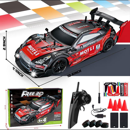 Masina cu telecomanda RC, Timebox, Drift car, 30km/h, 4x4, lumini LED, cauciucuri interschimbabile, 2 baterii tip acumulator incluse, 1:16, Negru/Rosu