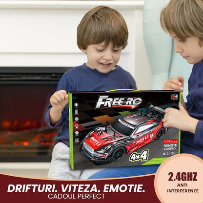 Masina cu telecomanda RC, Timebox, Drift car, 30km/h, 4x4, lumini LED, cauciucuri interschimbabile, 2 baterii tip acumulator incluse, 1:16, Negru/Rosu