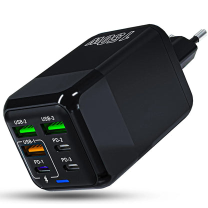 Incarcator Retea Timebox, 6 Porturi, 150W, 3 x USB, 3 x Type-C, LED, Negru