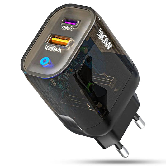 Incarcator Retea Timebox, 2 Porturi, 30W, 1 x USB, 1 x Type-C, Transparent
