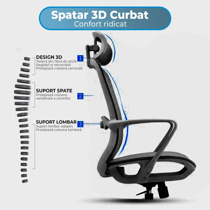 Scaun ergonomic Timebox, Plasa Mesh, Profil Lombar Flexibil, pana la 135°, Reglare Tetiera, Inaltime Reglabila, Negru - 221.ro