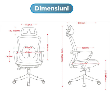 Scaun ergonomic Timebox, Plasa Mesh, Profil Lombar Flexibil, pana la 135°, Reglare Tetiera, Inaltime Reglabila, Negru - 221.ro