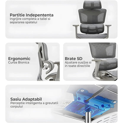 Scaun ergonomic Timebox, Reglare inaltime spatar in 6 pozitii 150°, Cotiere 5D, Plasa Mesh, Profil lombar flexibil, Spatar si Baza din aluminiu durabil, pana la 150 kg, Gri - 221.ro