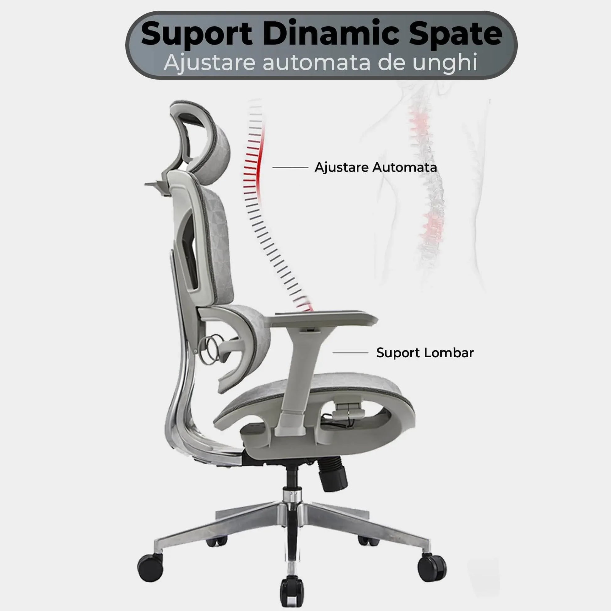 Scaun ergonomic Timebox, Reglare inaltime spatar in 6 pozitii 150°, Cotiere 5D, Plasa Mesh, Profil lombar flexibil, Spatar si Baza din aluminiu durabil, pana la 150 kg, Gri - 221.ro