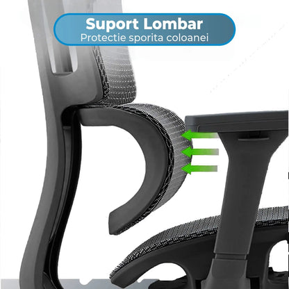 Scaun ergonomic Timebox, Reglare inaltime, spatar in 6 pozitii 150°, Cotiere 4D, Plasa Mesh, Profil lombar flexibil, Suport Picioare, Baza din aluminiu durabil, pana la 150 kg, Negru - 221.ro