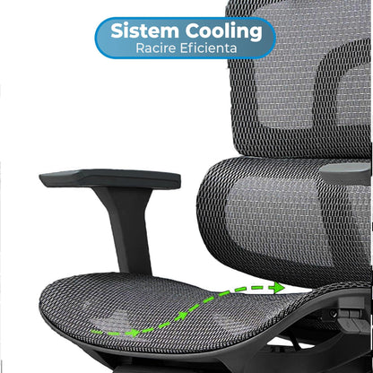 Scaun ergonomic Timebox, Reglare inaltime, spatar in 6 pozitii 150°, Cotiere 4D, Plasa Mesh, Profil lombar flexibil, Suport Picioare, Baza din aluminiu durabil, pana la 150 kg, Negru - 221.ro