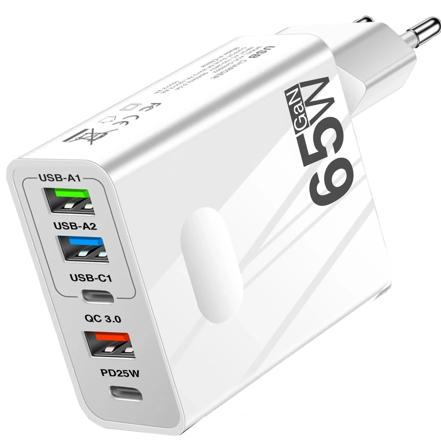 Incarcator Retea Timebox, 5 Porturi, 65W, 3 x USB, 2 x Type-C, QC 3, Alb