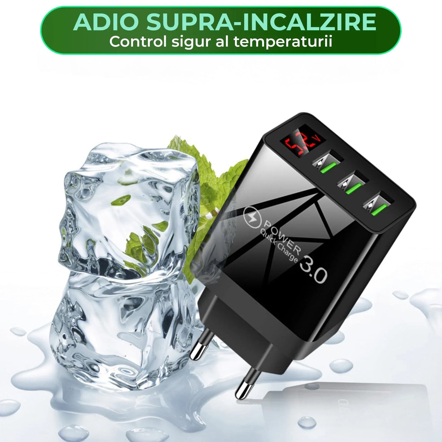 Incarcator Retea Timebox, 3 Porturi, 15W, 3 x USB, LED Voltaj, Negru