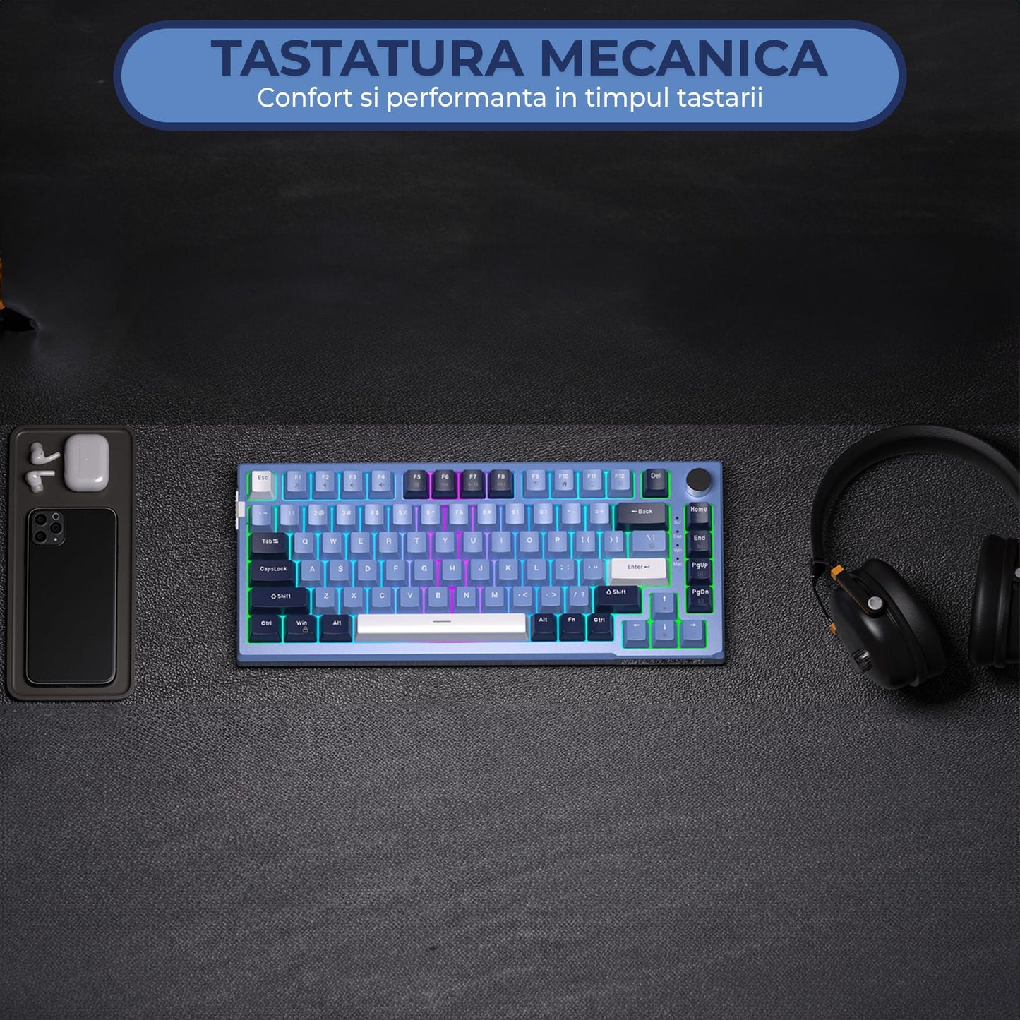 Tastatura Mecanica Gaming Timebox TKL, 75%, iluminare RGB, 83 taste, Control Rotativ Volum, cu cablu Type-C, Blue Switch, Hot-Swap, Portabila, Albastru - 221.ro