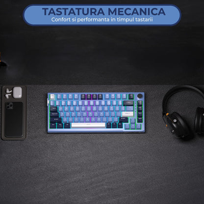 Tastatura Mecanica Gaming Timebox TKL, 75%, iluminare RGB, 83 taste, Control Rotativ Volum, cu cablu Type-C, Blue Switch, Hot-Swap, Portabila, Albastru - 221.ro