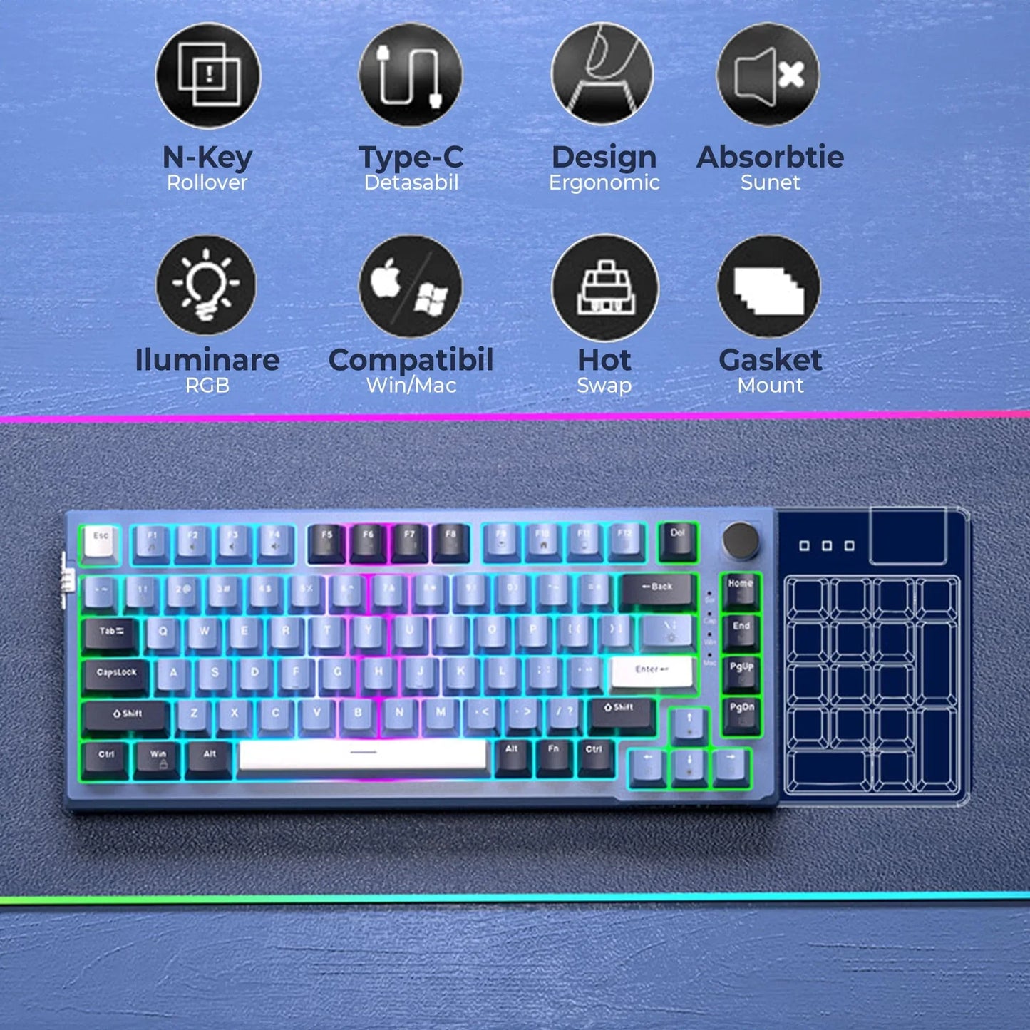 Tastatura Mecanica Gaming Timebox TKL, 75%, iluminare RGB, 83 taste, Control Rotativ Volum, cu cablu Type-C, Blue Switch, Hot-Swap, Portabila, Albastru - 221.ro