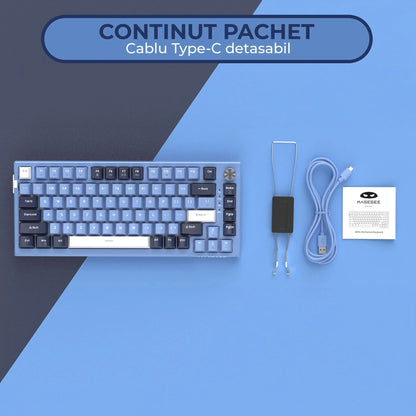 Tastatura Mecanica Gaming Timebox TKL, 75%, iluminare RGB, 83 taste, Control Rotativ Volum, cu cablu Type-C, Blue Switch, Hot-Swap, Portabila, Albastru - 221.ro