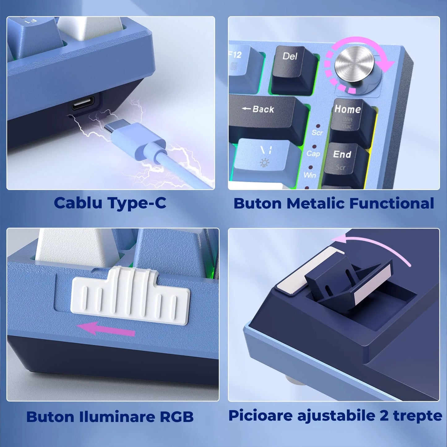 Tastatura Mecanica Gaming Timebox TKL, 75%, iluminare RGB, 83 taste, Control Rotativ Volum, cu cablu Type-C, Blue Switch, Hot-Swap, Portabila, Albastru - 221.ro