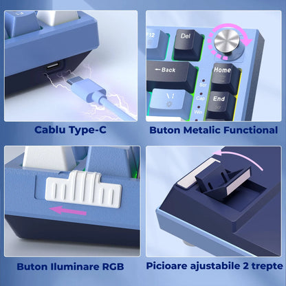 Tastatura Mecanica Gaming Timebox TKL, 75%, iluminare RGB, 83 taste, Control Rotativ Volum, cu cablu Type-C, Blue Switch, Hot-Swap, Portabila, Albastru - 221.ro