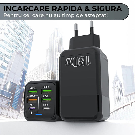 Incarcator Retea Timebox, 6 Porturi, 150W, 3 x USB, 3 x Type-C, LED, Negru