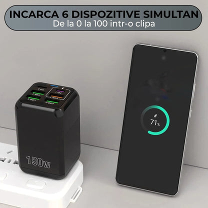 Incarcator Retea Timebox, 6 Porturi, 150W, 3 x USB, 3 x Type-C, LED, Negru
