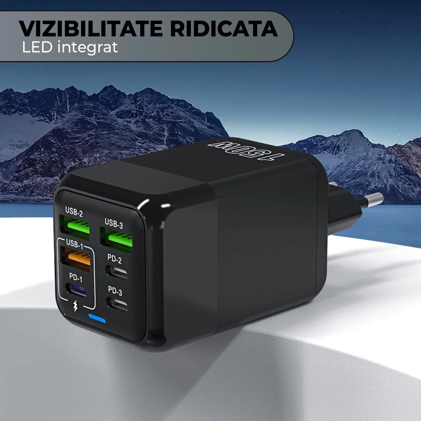 Incarcator Retea Timebox, 6 Porturi, 150W, 3 x USB, 3 x Type-C, LED, Negru