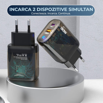Incarcator Retea Timebox, 2 Porturi, 30W, 1 x USB, 1 x Type-C, Transparent