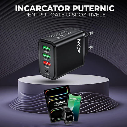 Incarcator Retea Timebox, 4 Porturi, 40W, 1 x Type-C, 3 x USB, Negru