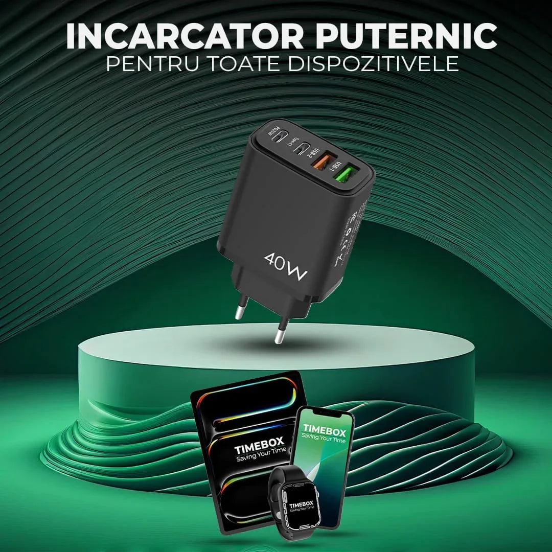 Incarcator Retea Timebox, 4 Porturi, 40W, 2 x Type-C, 2 x USB, Negru