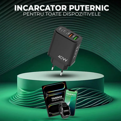 Incarcator Retea Timebox, 4 Porturi, 40W, 2 x Type-C, 2 x USB, Negru
