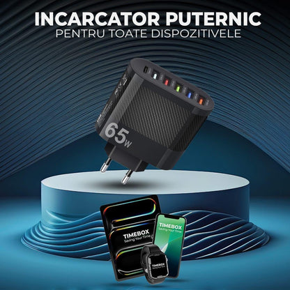 Incarcator Retea Timebox, 6 Porturi, 65W, 1 x Type-C, 5 x USB, Negru