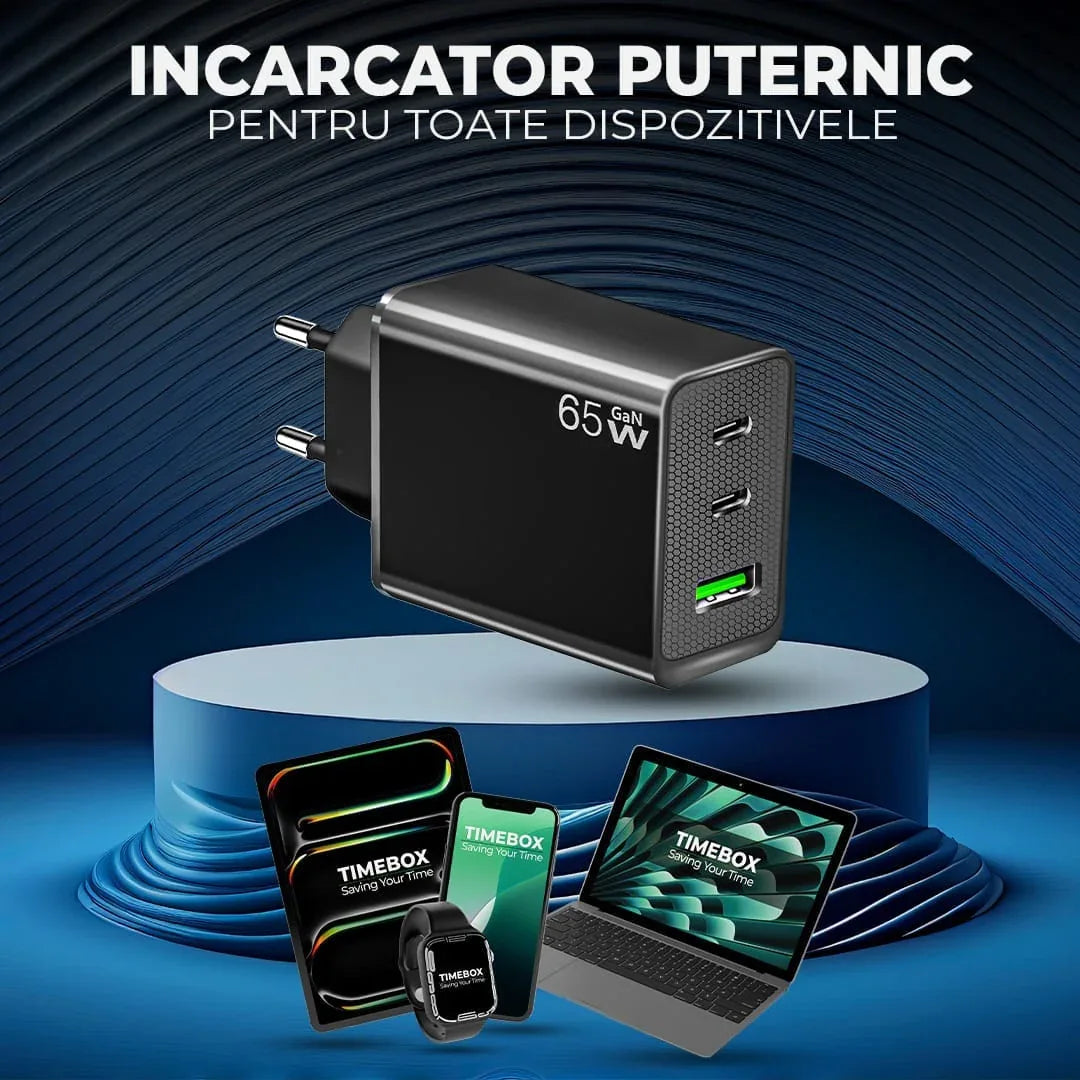 Incarcator Retea Timebox, 3 Porturi, 65W, 2 x Type-C, 1 x USB, Negru