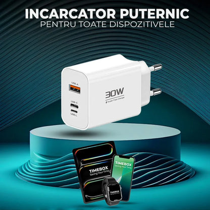 Incarcator Retea Timebox, 3 Porturi, 30W, 1 x Type-C, 1 x USB, Alb