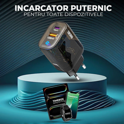 Incarcator Retea Timebox, 2 Porturi, 30W, 1 x USB, 1 x Type-C, Transparent