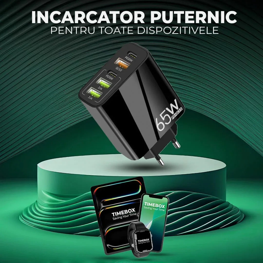 Incarcator Retea, 65W, 5 Porturi, 3 x USB, 2 x Type-C, Negru