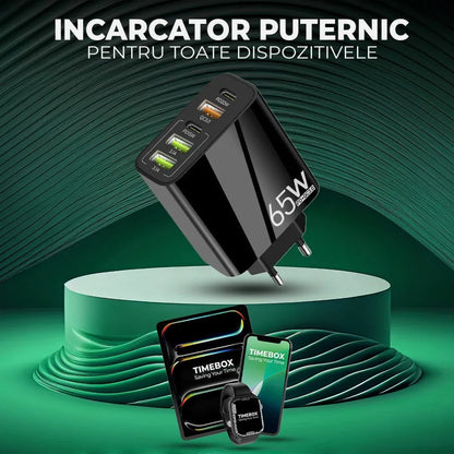 Incarcator Retea, 65W, 5 Porturi, 3 x USB, 2 x Type-C, Negru
