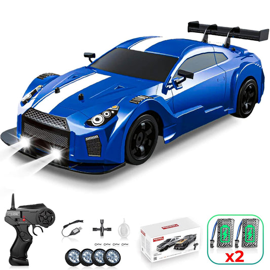 Masina cu telecomanda RC, Timebox, Drift car, 20km/h, lumini LED, cauciucuri interschimbabile, 2 baterii tip acumulator incluse, 1:16, Albastru