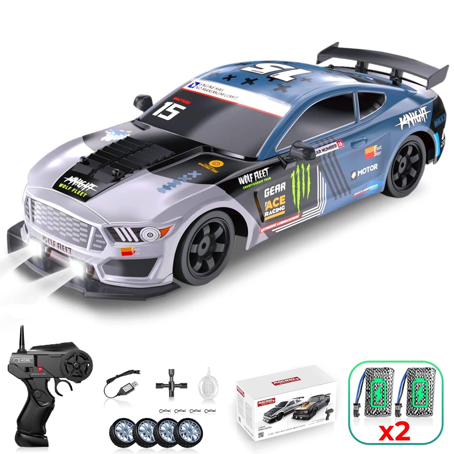 Masina cu telecomanda RC, Timebox, Drift car, 20km/h, lumini LED, cauciucuri interschimbabile, 2 baterii tip acumulator incluse, 1:16, Gri/Albastru