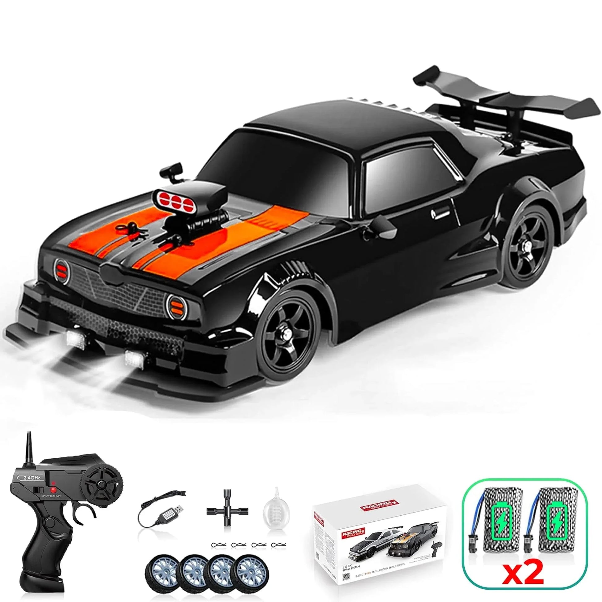 Masina cu telecomanda RC, Timebox, Drift car, 20km/h, lumini LED, cauciucuri interschimbabile, 1:16, 2 baterii tip acumulator incluse, Negru/Portocaliu - 221.ro