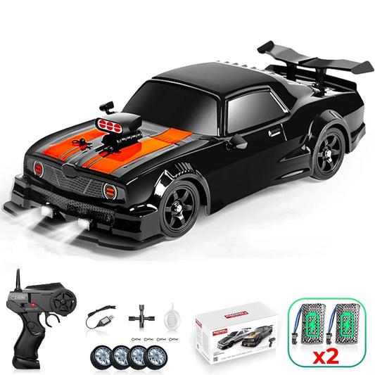 Masina cu telecomanda RC, Timebox, Drift car, 20km/h, lumini LED, cauciucuri interschimbabile, 1:16, 2 baterii tip acumulator incluse, Negru/Portocaliu - 221.ro