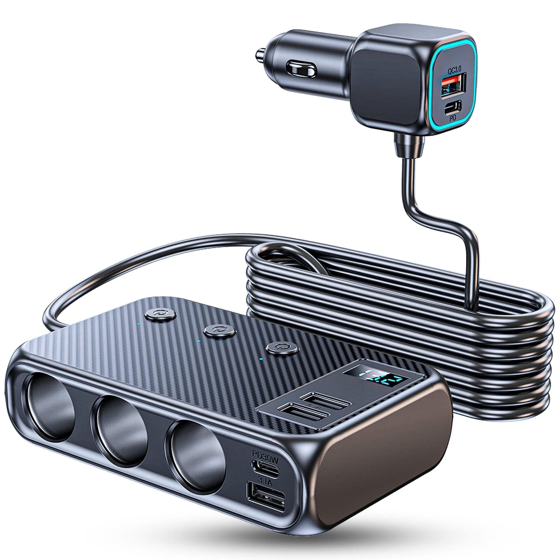 Adaptor priza Timebox, incarcator auto 9 in 1 multiplicator 171W, 3 x soclu auto, 4 x USB, Q,C 3,0, 2 x USB-C, afisaj display voltaj, Negru - 221.ro