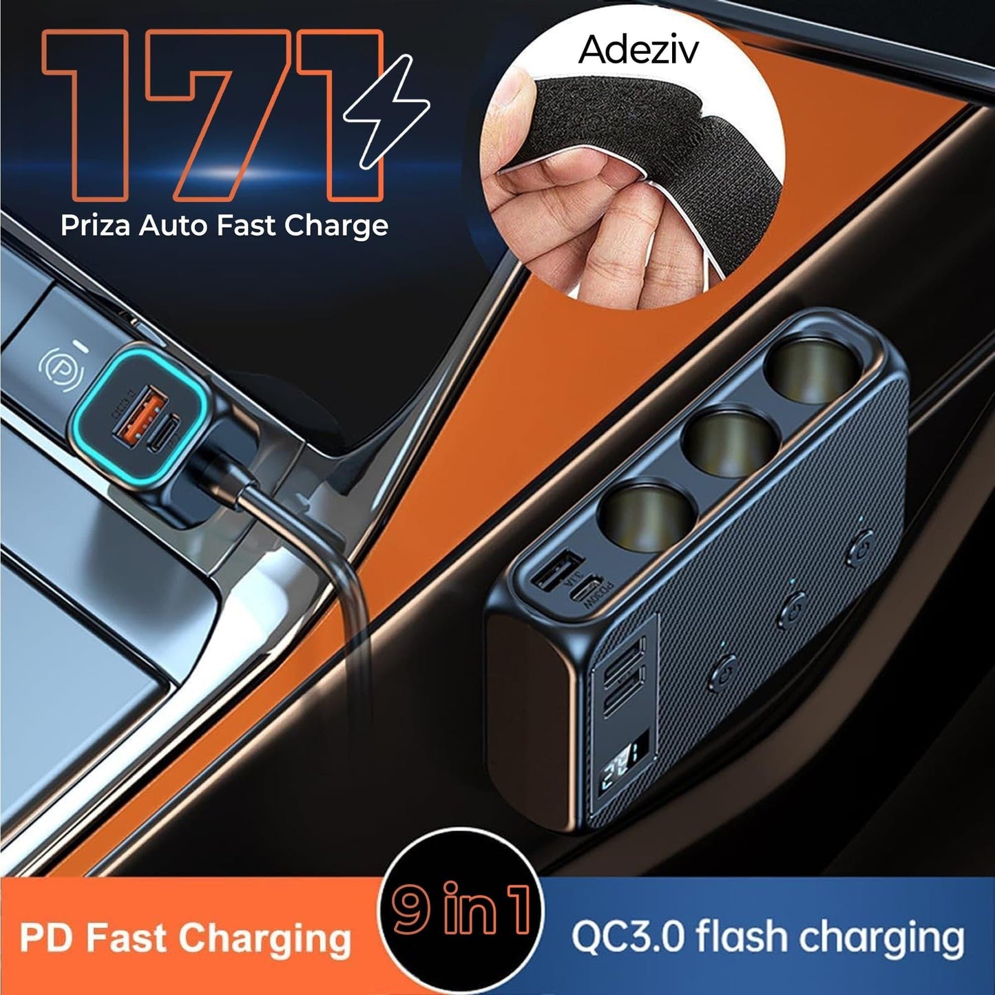 Adaptor priza Timebox, incarcator auto 9 in 1 multiplicator 171W, 3 x soclu auto, 4 x USB, Q,C 3,0, 2 x USB-C, afisaj display voltaj, Negru - 221.ro