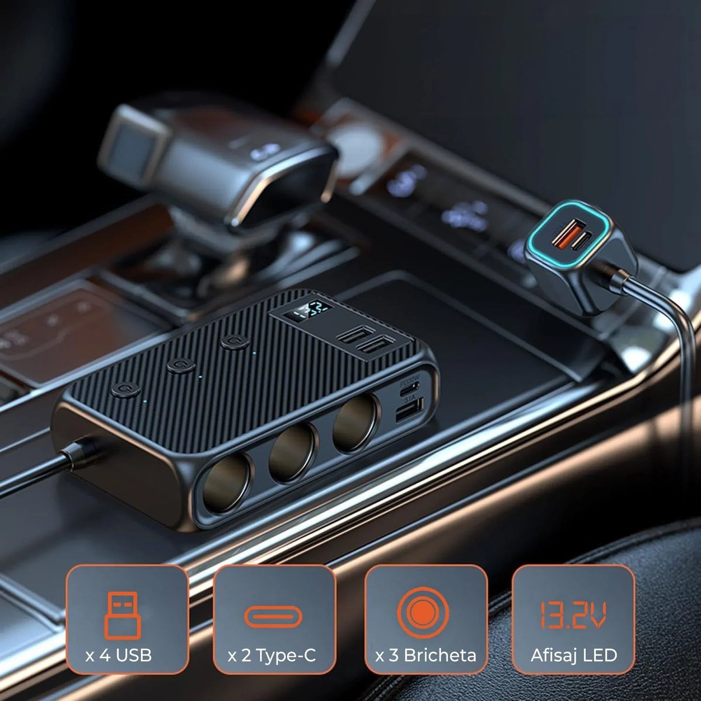 Adaptor priza Timebox, incarcator auto 9 in 1 multiplicator 171W, 3 x soclu auto, 4 x USB, Q,C 3,0, 2 x USB-C, afisaj display voltaj, Negru - 221.ro