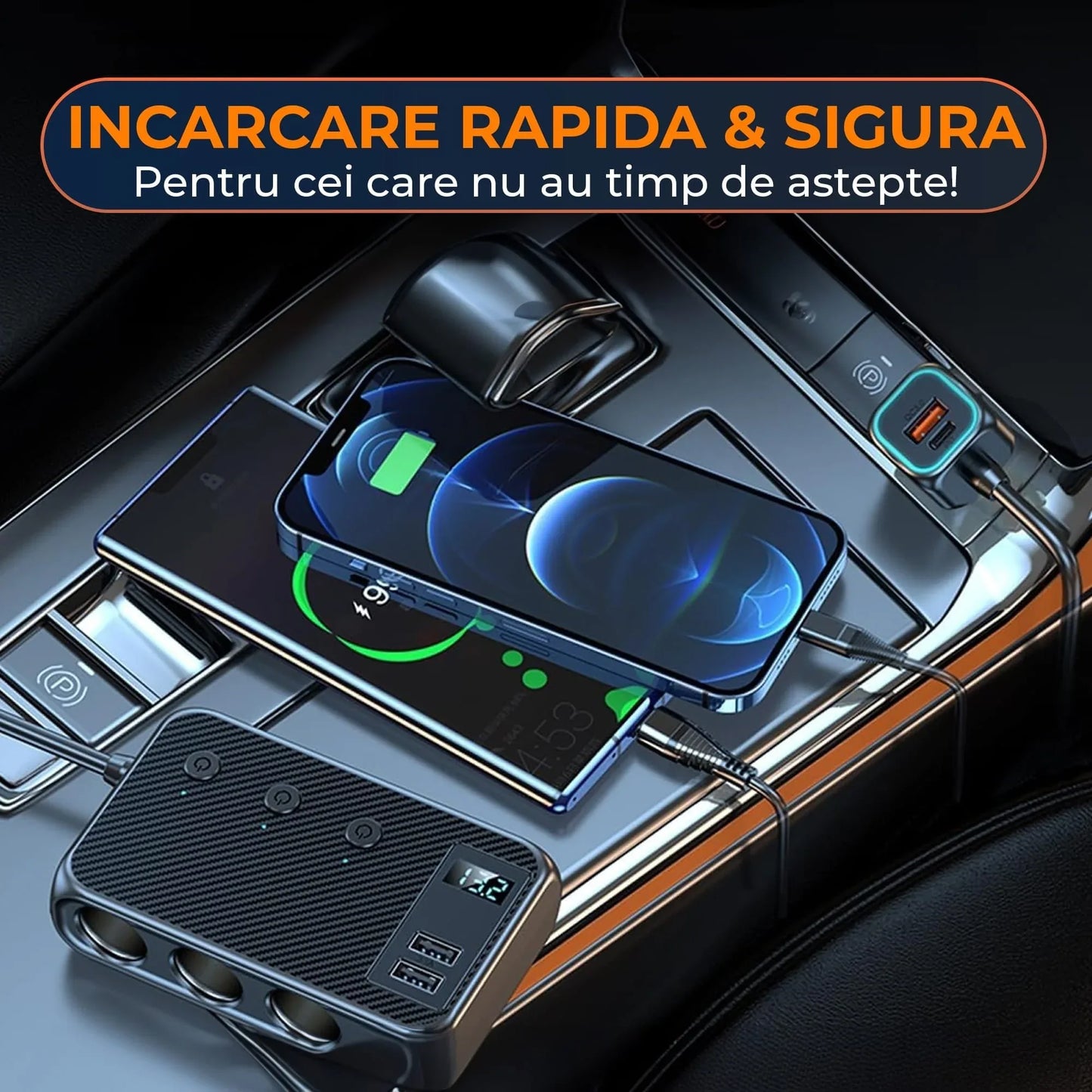 Adaptor priza Timebox, incarcator auto 9 in 1 multiplicator 171W, 3 x soclu auto, 4 x USB, Q,C 3,0, 2 x USB-C, afisaj display voltaj, Negru - 221.ro