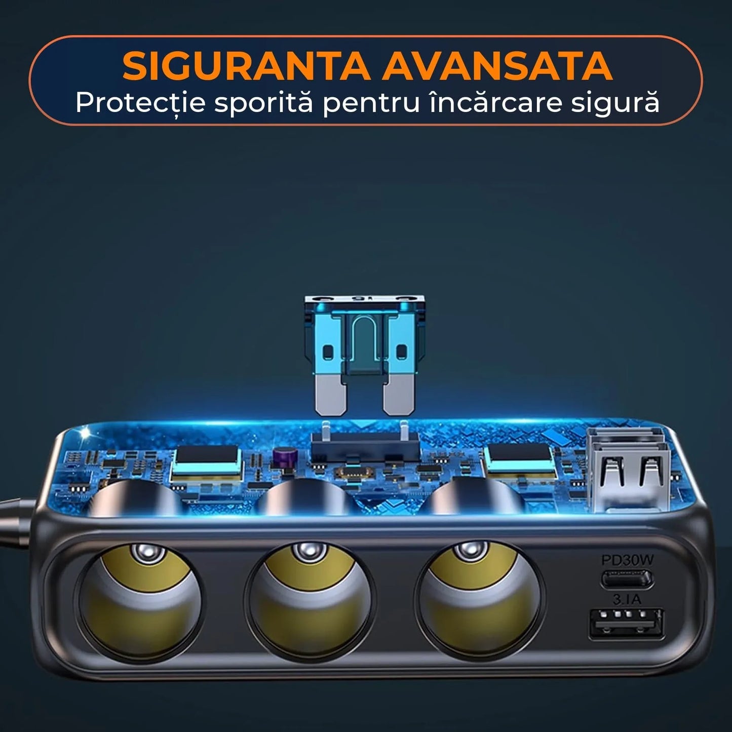 Adaptor priza Timebox, incarcator auto 9 in 1 multiplicator 171W, 3 x soclu auto, 4 x USB, Q,C 3,0, 2 x USB-C, afisaj display voltaj, Negru - 221.ro