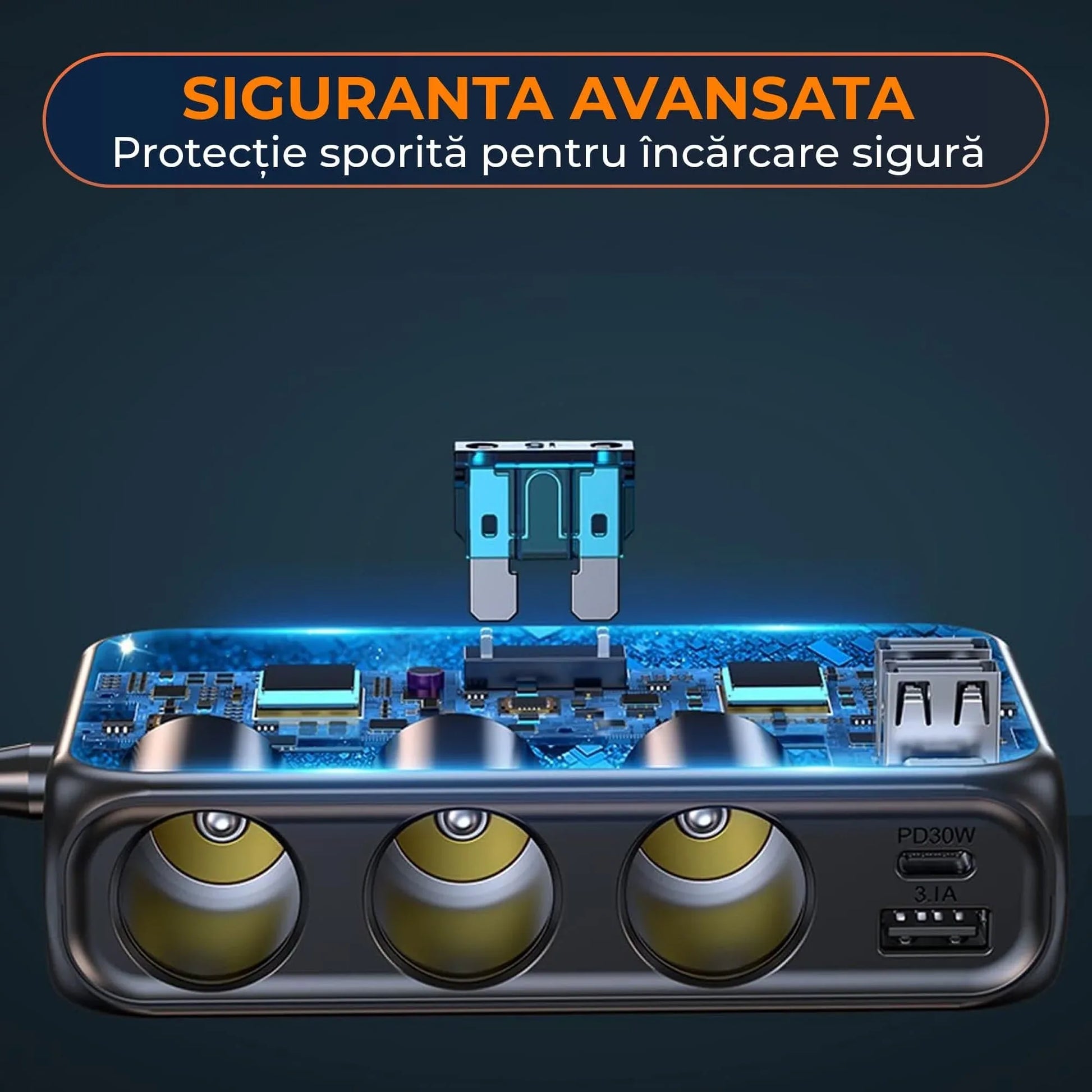 Adaptor priza Timebox, incarcator auto 9 in 1 multiplicator 171W, 3 x soclu auto, 4 x USB, Q,C 3,0, 2 x USB-C, afisaj display voltaj, Negru - 221.ro