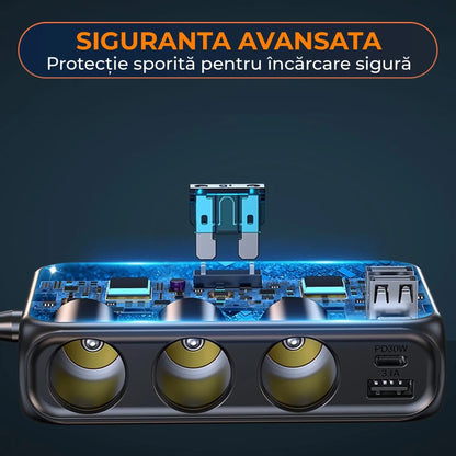 Adaptor priza Timebox, incarcator auto 9 in 1 multiplicator 171W, 3 x soclu auto, 4 x USB, Q,C 3,0, 2 x USB-C, afisaj display voltaj, Negru - 221.ro