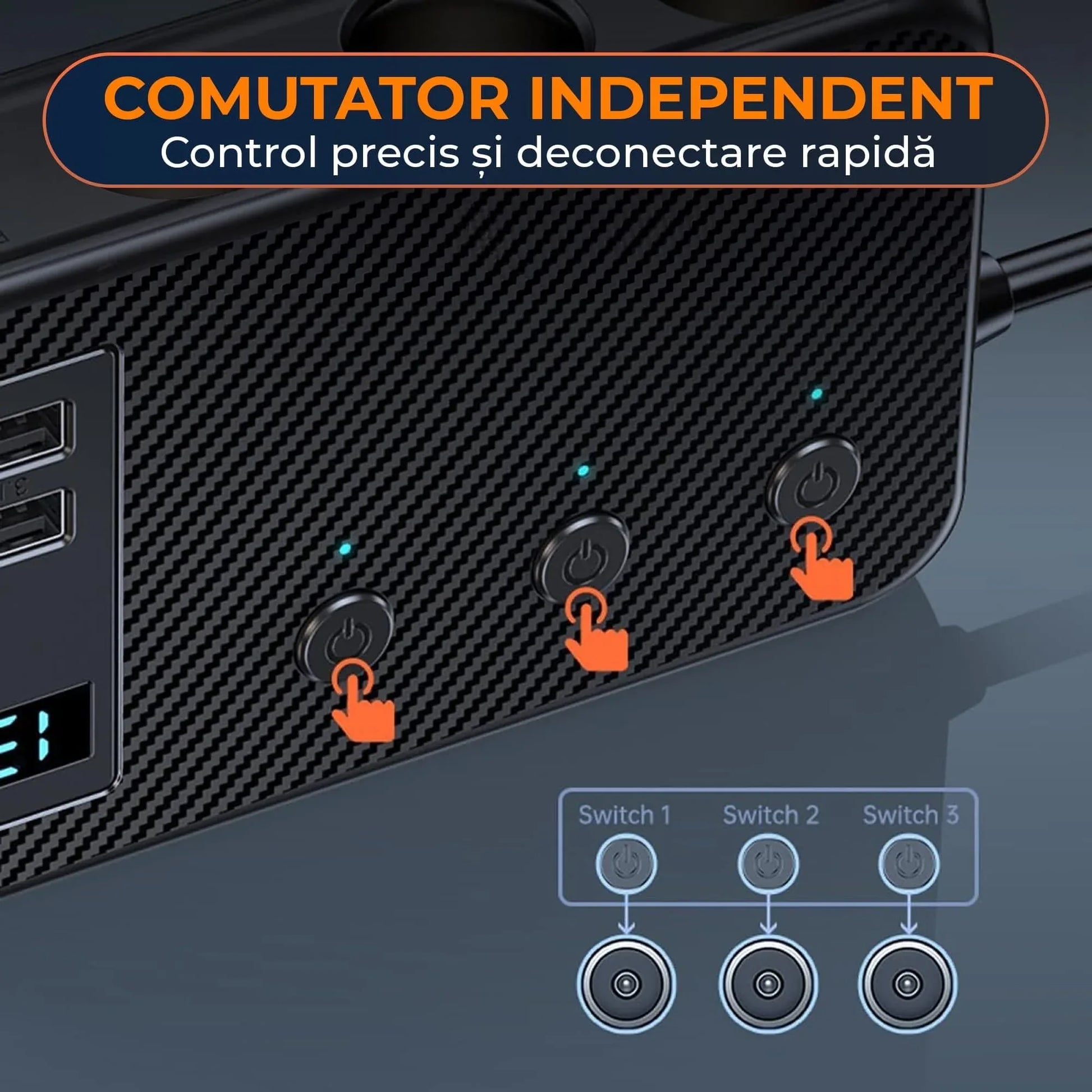 Adaptor priza Timebox, incarcator auto 9 in 1 multiplicator 171W, 3 x soclu auto, 4 x USB, Q,C 3,0, 2 x USB-C, afisaj display voltaj, Negru - 221.ro