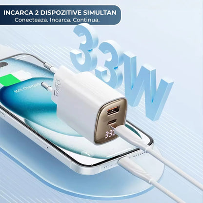 Incarcator Retea Timebox, 2 Porturi, 33W, 1 x Type-C, 1 x USB, Alb