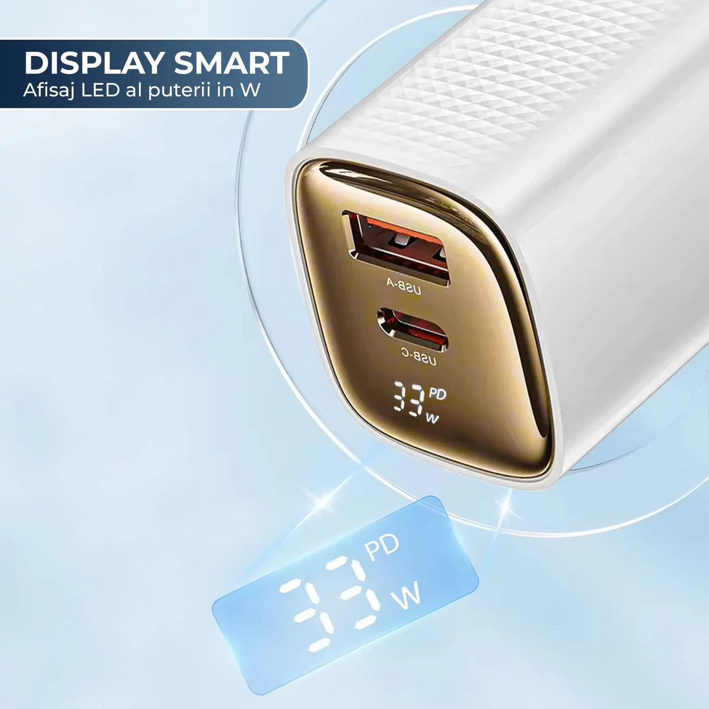 Incarcator Retea Timebox, 2 Porturi, 33W, 1 x Type-C, 1 x USB, Alb