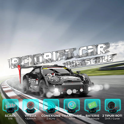 Masina cu telecomanda RC, Timebox, Drift car, 30km/h, 4x4, lumini LED, cauciucuri interschimbabile, 2 baterii tip acumulator incluse, 1:16, Negru - 221.ro